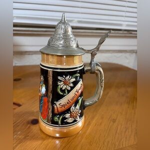 Hand-Painted German Beer Stein with Pewter Lid - Black & Tan Floral